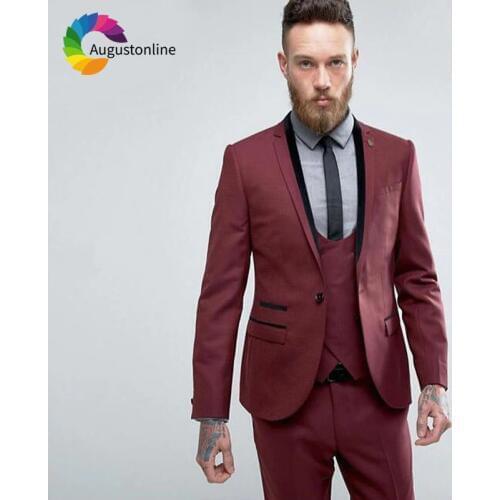 Burgundy Men Suits 3Piece Jacket Pants Vest Black Lapel Wedding Suits for Best Man Blazers Slim Fit Groom Tuxedos Prom Wear