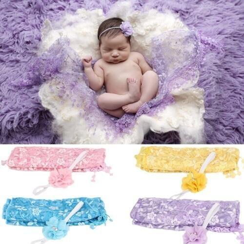Newborn Baby Photography Wraps Accessories Floral Lace Swaddling Tassels Infant Photo Props Triangle Scarf Blanket With Headband