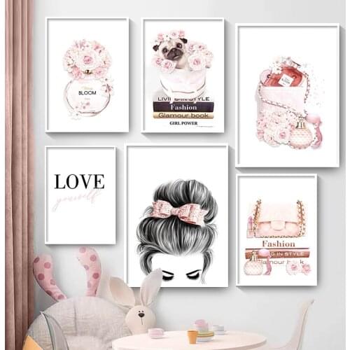 Self-adhesive Wall Stickers Sweet Pug Face Fashion Poster Art Print Pink Perfume Books Makeup Pictures Salon Beauty Room Decor