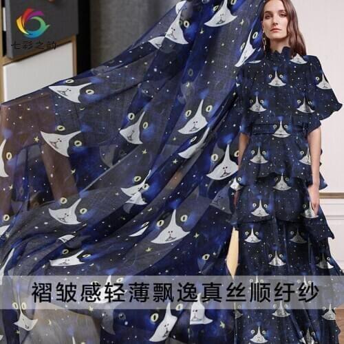 White waxberry Dark Blue Cats Printed Crinkle Chiffon Silk Fabrics 100% Silk Summer Dress The Sewig Cloth Freeshipping