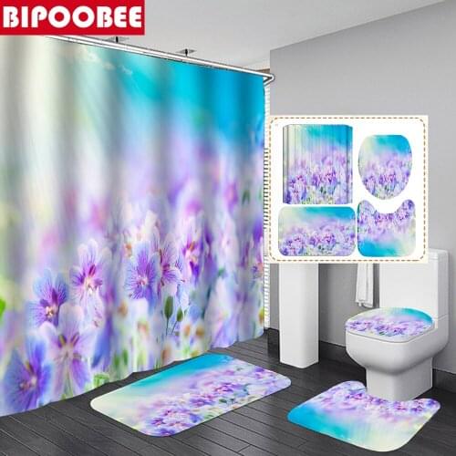Violet Flower Shower Curtain Purple Flowers Sea Bath Mats Pedestal Non-slip Rug Toilet Pad Cover Bathtub Decor Bathroom Curtains