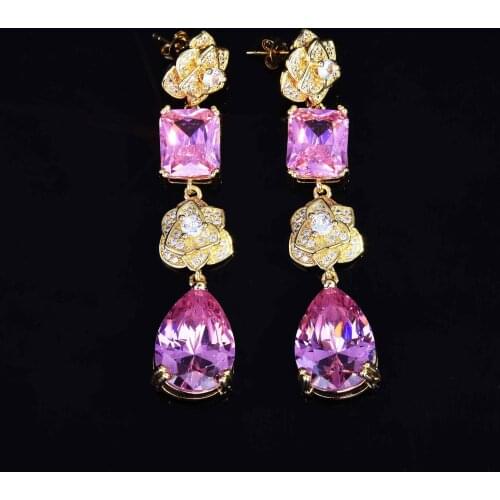 925 Sterling Silver Luxury New Fashion Temperament Inlaid Crystal Pink Diamonds Colorful Roses Long Earrings Women Fine Jewelry