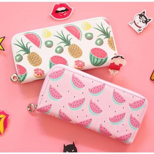 Womens Fashion PU Leather Long Wallets Fruit Printing Student Wallets ID Card Holder Coin Purse With Zipper Standard Wallets