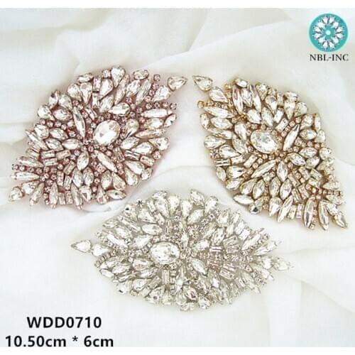 1PC) Silver rose gold crystal rhinestone bridal belt wedding applique iron on sew on for dress WDD0710