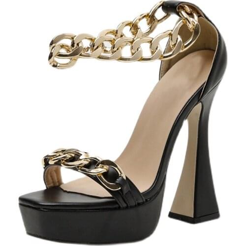 2021 Fashion Ankle Gold Chain Strap Chunky Strange Glass Wine Platform High Heel Punk Thick Women Sandals Square Toe Sexy Shoes