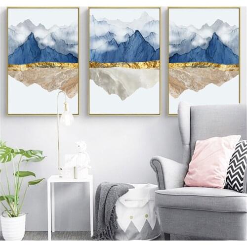 Abstract Canvas Poster Golden Blue Mountain Foggy Wall Art Painting Posters and Prints Wall Pictures for Living room Home Decor