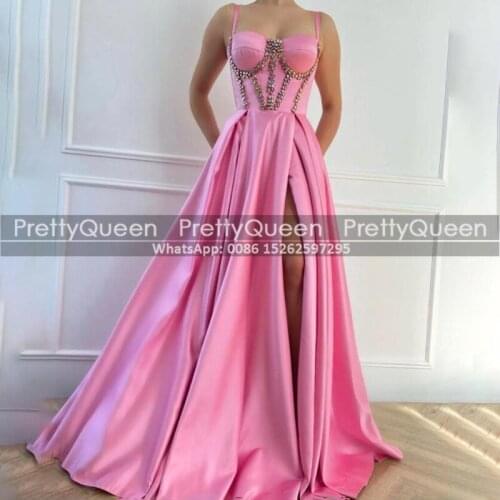 Shiny Crystal Beads A Line Prom Dresses Pink Satin Spaghetti Strap Side Split Long Pageant Dress Formal Party