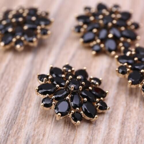 5Pcs 21mm Black Rhinestone Flower Shaped Buttons with Metal Loop Jewelry Embellishments for DIY Crafts Garment Accessory