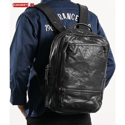 Business Casual Leather Backpack Mens Vegetable Tanned Leather 14-15.6 Inch Computer Bag for Short-distance Travel Men Bag