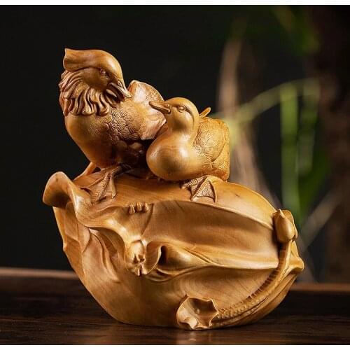 12cm Two Mandarin Duck Chinese Craft Feng Shui Solid Wood Sculpture Wooden Gift home deocr
