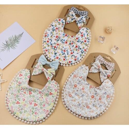 3 Pcs/Set Flower Print Baby Headband Bibs Set Lattice Elastic Headbands Hairbands Double-Deck Saliva Towel Baby Hair Accessories