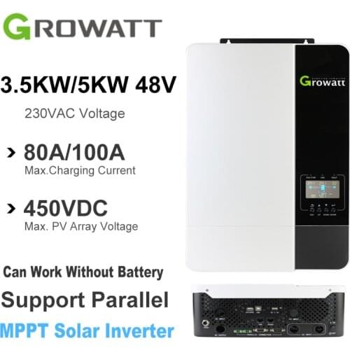 Growatt Hybrid Solar Inverter 3.5/5KW 220VAC 48VDC MPPT 80A/100A Pure Sine Wave Inversor 50/60Hz Can Work Without Battery