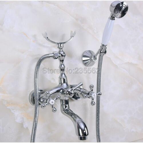 Wall Mount Chrome Clawfoot Bath Tub Filler Faucet Set Handheld Shower lna230