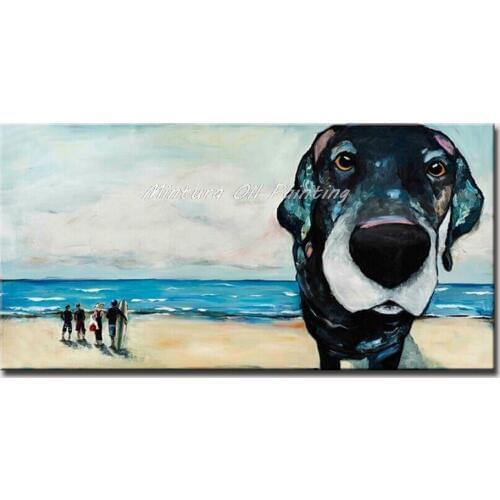 Mintura Handpainted Animal Oil Painting On Canvas Modern Abstract Beach And Dog Wall Art Picture For Living Room Home Decoration