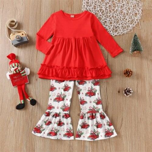 Girls Clothes Set Solid Color Irregular Hem Long Sleeve O-neck Tops + Pumpkin Print Flared Trousers