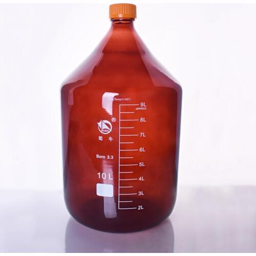Brown reagent bottle,With yellow screw cover,Borosilicate glass 3.3,Capacity 10000ml,Graduation Sample Vials Plastic Lid