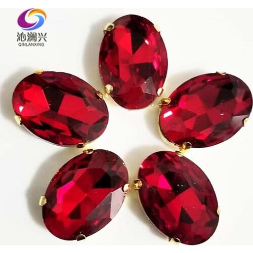 Red oval shape High quality Glass Crystal sew on stones,golden bottom claw rhinestone,Diy/Clothing accessories SWTG07