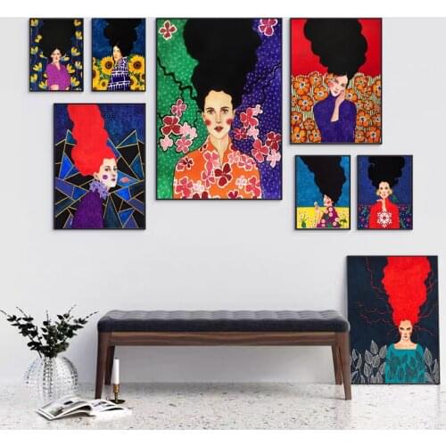 Colorful Flower Fashion Woman Hair Decorative Figures Canvas Painting Wall Art Posters Prints Living Room Modern Home Decoration