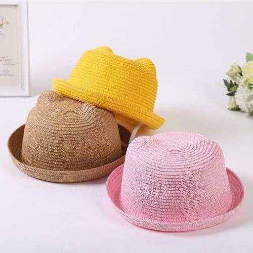Cute Kids Straw Sun Hat Girls Boys Cat Ears Summer Childrens Beach Hat Pink Yellow Cap Panama Casquette