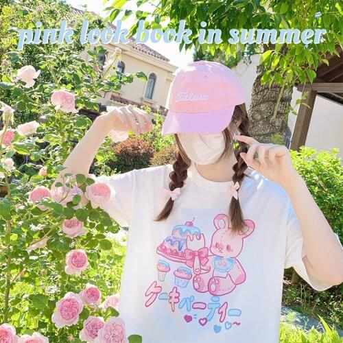 Sweet Kawaii Tees Vintage Cartoon Print Women T-Shirt Summer O-Neck Loose Top Cute Short-Sleeve Tops Japanese Girly 2021 Costume