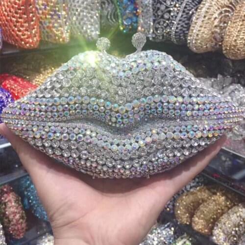 Fashion Mouth Shaped AB Rhinestone Handbags Best Designer Wedding Bridesmaid Shoulder Chain Purses Mini Diamond DinnerMinaudiere