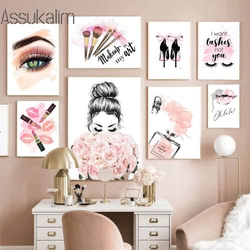 Fashion Wall Art Poster Flower Print Perfume Bottle Posters Lipstick Makeup Canvas Painting Vogue Wall Pictures Girl Room Decor