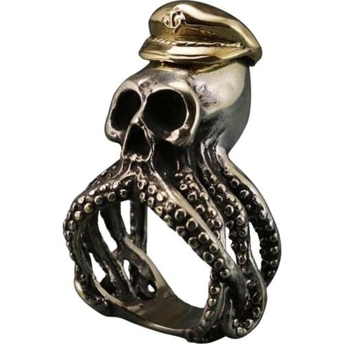 Mens punk style octopus alloy skull ring unique military hat accessories retro male ring