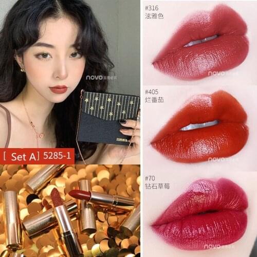 NOVO 3 Pc/set Matte Lipstick with Packaging Bag Silky Moisturizer Waterproof Glitter Cosmetics Red Lips Makeup for Women Gift