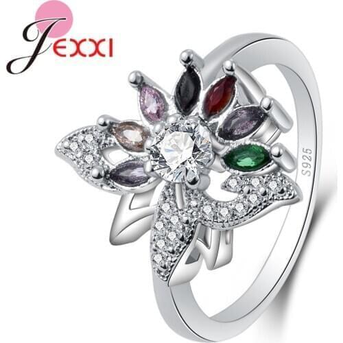 New Arrival Romantic Flower Shape Jewelry Top Quality Wedding Ring 925 Sterling Silver Accessories Pave Colorful Stone