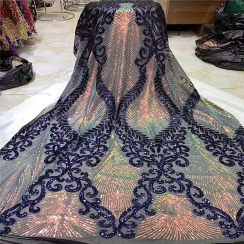 Lake Blue 2019 New Design African Lace Fabric High Quality French green sequins Embroidered Tulle Lace Fabric with Sequins