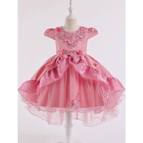 New Style Lace Beaded Princess Dress, 3-10Years Childrens Satin Wedding Dress, Airplane Sleeve Trailing Performance Party Dress