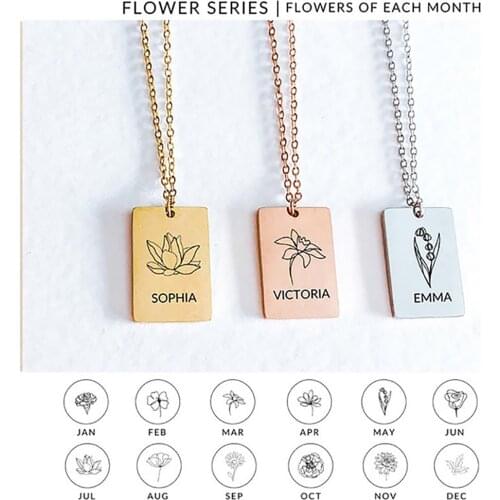 HUHUI Custom Carved Name Birth Flower Necklace With Rectangular Pendant Stainless Steel Personalized Women Jewelry Birthday Gift