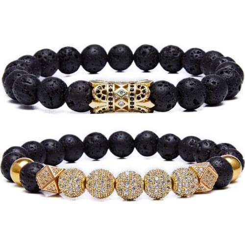 QIMOSHI Couple Black Matte Onyx CZ Crown Queen 8mm Beads Bracelet,Cupimatch His and Her Couple Bracelets Gift Box