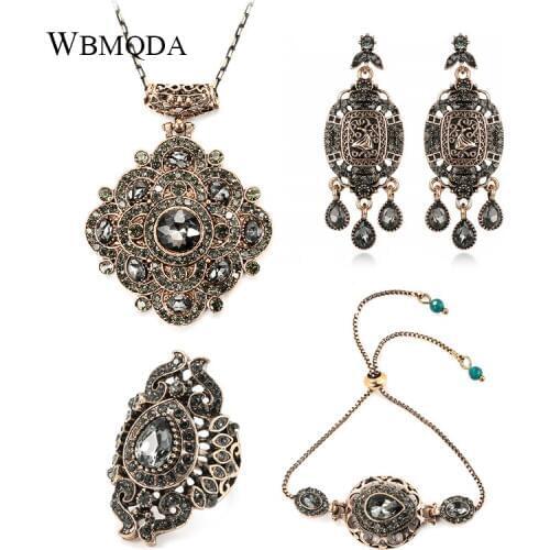 Wbmqda Luxury 4Pcs Gray Crystal Flower Bridal Wedding Jewelry Set Antique Gold Color Turkey Earring Necklace Bracelet Ring Women