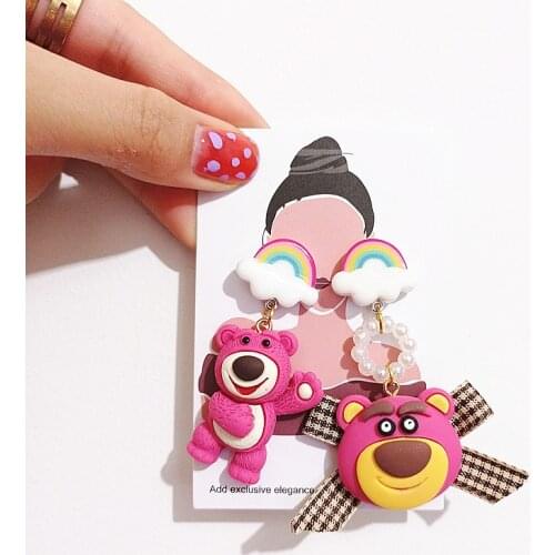 Disney Lotso Pink Anime Accessories Resin Winnie The Pooh Cute Earrings Bow Women Fashion Cosplay 925 Silver Needle Ear Drops