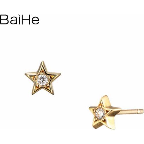 BAIHE Solid 14K Yellow Gold 0.04ct H/SI Round Natural Diamonds Earrings Trendy Fine Jewelry Star Stud Earrings For Women серьги
