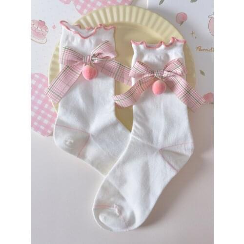 Lovely lolita socks womens Japanese peach tube cotton fungus lace socks Korea jk bow