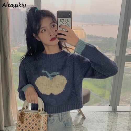 Cropped Sweaters Women Student Print Long Sleeve Knitted Wear Sweet Cute Ulzzang Fashion All-match Autumn Soft Female Pullovers