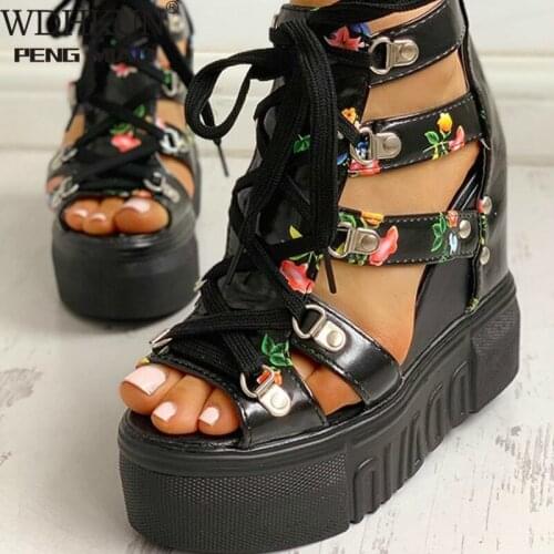 INS Hot Print Leisure Wedges Womens Shoes 2020 Summer Shoes Women Sandals Platform Shoelaces High Heels Casual Shoes Woman 4243