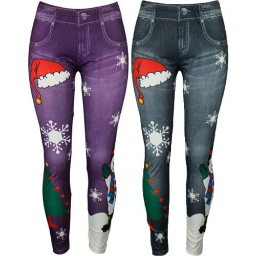 Womens Jeans Girl Faux High Waist Leggings Winter Legging Bottoms Snowflake Christmas Print Fitness Female Stretch Pocket Pants