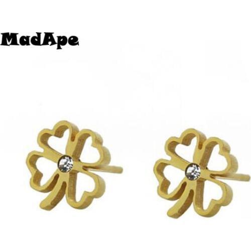 MadApe Fashion Hollow With Zircon Four-leaf Clover Earrings Gold Color Stainless Steel Women Stud Earrings Jewelry Aretes