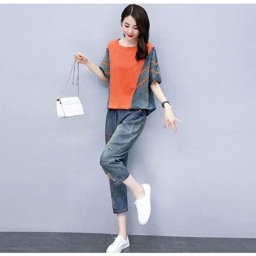 Oversize Itself Summer Women Sets 2021 Female Cowboy Pants Suit Short Sleeve T Shirt And Jeans 2pcs Leisure Two-Piece Suit B909