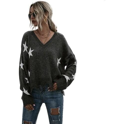 Star Tassel Knitted Sweater Womens Long Sleeve Fall Fashion Vintage Korean V-neck Tops Blouse Blusas
