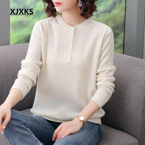 XJXKS Round neck high quality 100% wool knitted sweater women pullover 2020 autumn winter new casual women elastic sweater