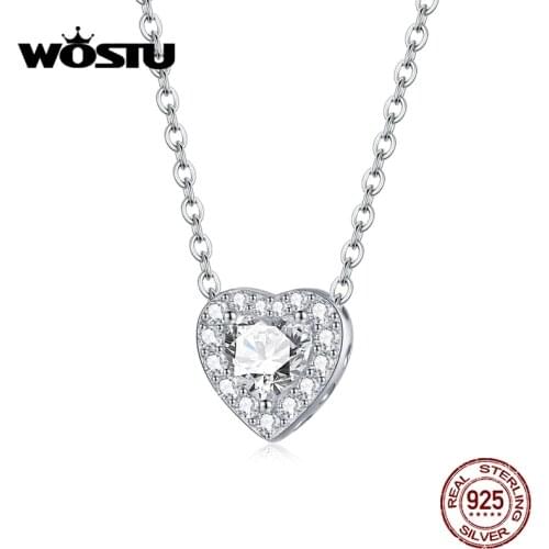Wostu Bright Love Necklace Shining Zircon· For Women S925 Sterling Sliver Necklace Adjustable Size Fine Jewelry BNN225