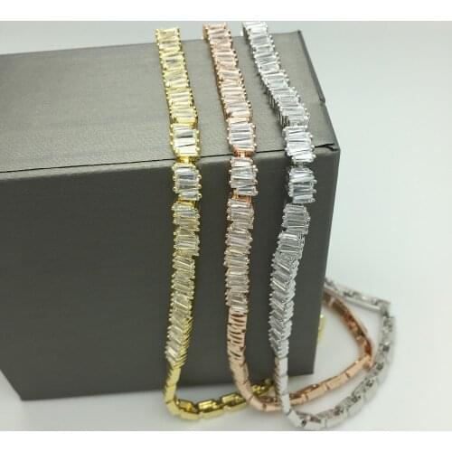 Elegant design fashion trendy accessories copper metal AAA cubic zironia Baguette T clear stone short choker necklace for women