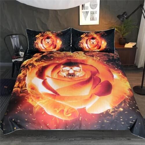 3D Skull Bedding Sets Fire Skull Head Bed Linen Duvet Cover Pillowcase Queen King Size Bed Skull Bedding Set Bedclothes