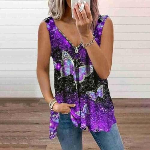 Vest Womens Tops V-neck Fashion Zipper Printing Sexy Clothing Womens Loose Casual Y3J9