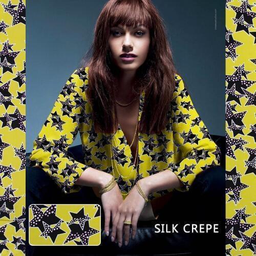 12momme 112cm width yellow small stars printed summer DIY dress shirt clothing fabric 100% silk crepe de chine Freeshipping