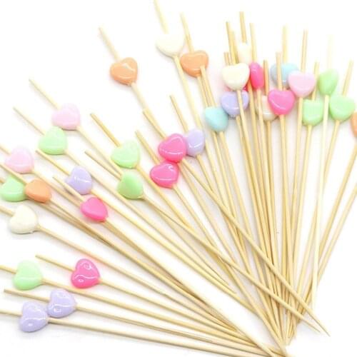 Free Shipping Party Supplies, 120mm Disposable Cocktail Sweet Heart Candy Bamboo Pick Fruit Skewer in Assorted Color, 100/Pack